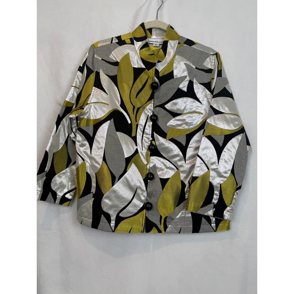 Caroline Rose Vintage Metallic Jacquard Jacket M Black Gold Silver Leaf